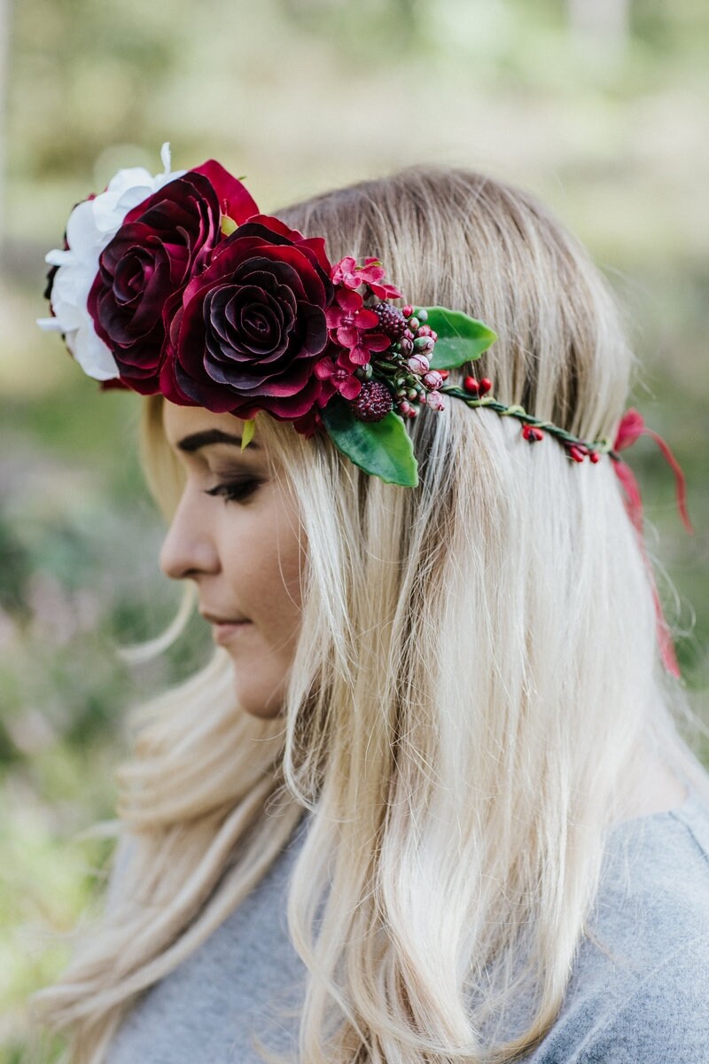 Burgundy Flower Crown, Midsommer Flower Crown, Hair Wreath  display picture 3