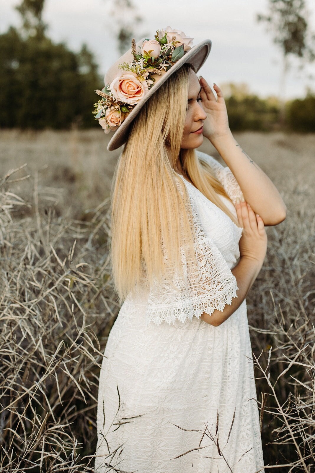 Fedora Hat, Felt Fedora Hat With Rose Flower Crown Wedding  display picture 1