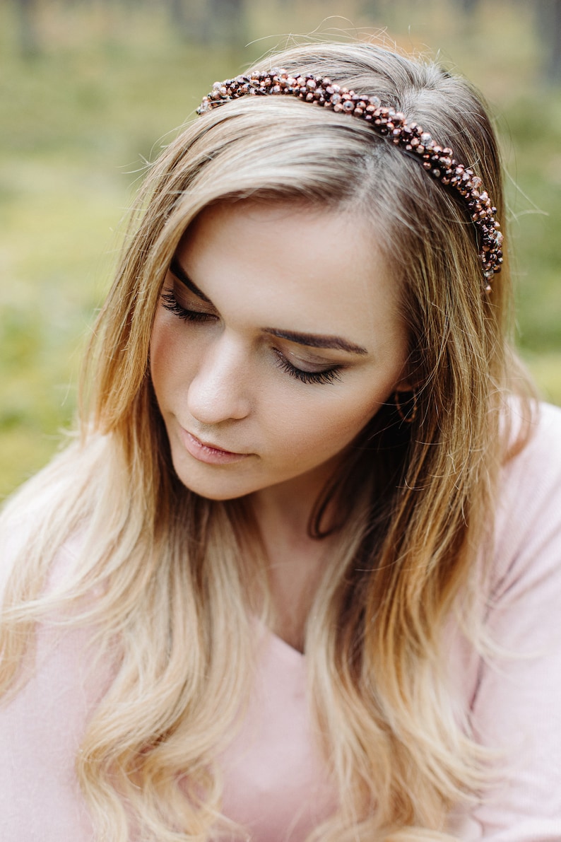 Bronze pearl headband, bridal halo crown, Bride headband, Bronze headband, boho hair crown, bohemian headband, simplistic crown image 1