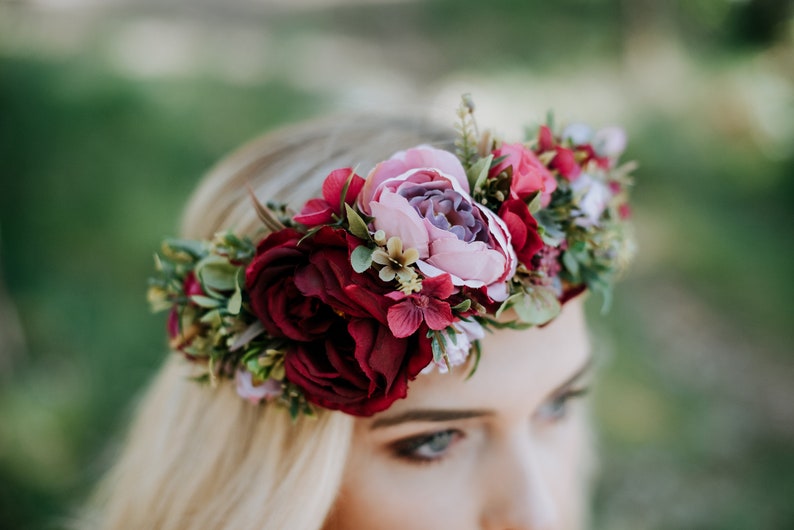 Pink Flower crown,wedding flower crown, boho flower crown, gift for her, bridesmaid gift, fascinator, hair accessories, Fuchsia crown image 2