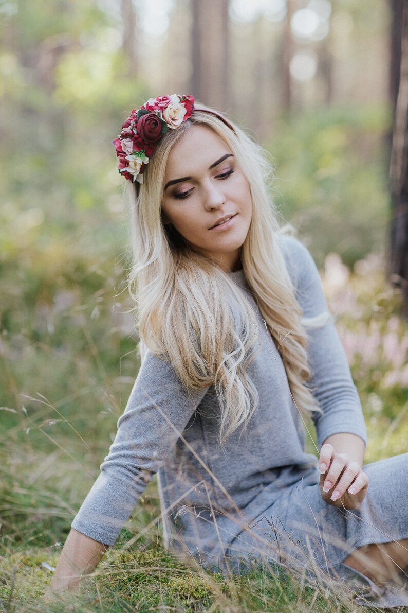 Burgundy flower crown, Ivory headband, Side Flower headband, fall headband, Burgundy wedding, Bridal hairpiece, Deep red headband image 2