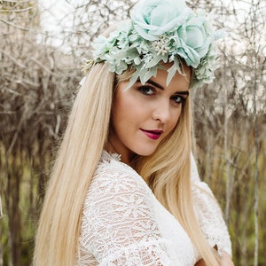 Mint flower crown, Green headband, Bridal floral tiara, Wedding hair wreath, Hair flowers, Bridesmaid crown, Eucalyptus crown image 8