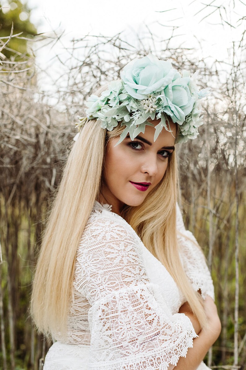 Mint flower crown, Green headband, Bridal floral tiara, Wedding hair wreath, Hair flowers, Bridesmaid crown, Eucalyptus crown image 8