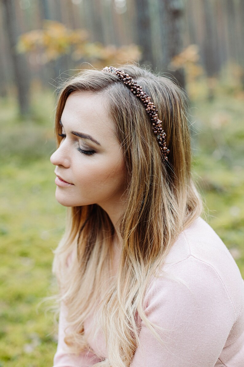 Bronze pearl headband, bridal halo crown, Bride headband, Bronze headband, boho hair crown, bohemian headband, simplistic crown image 2