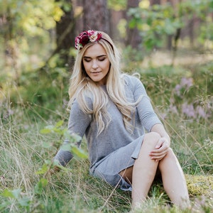 Burgundy flower crown, Ivory headband, Side Flower headband, fall headband, Burgundy wedding, Bridal hairpiece, Deep red headband image 5