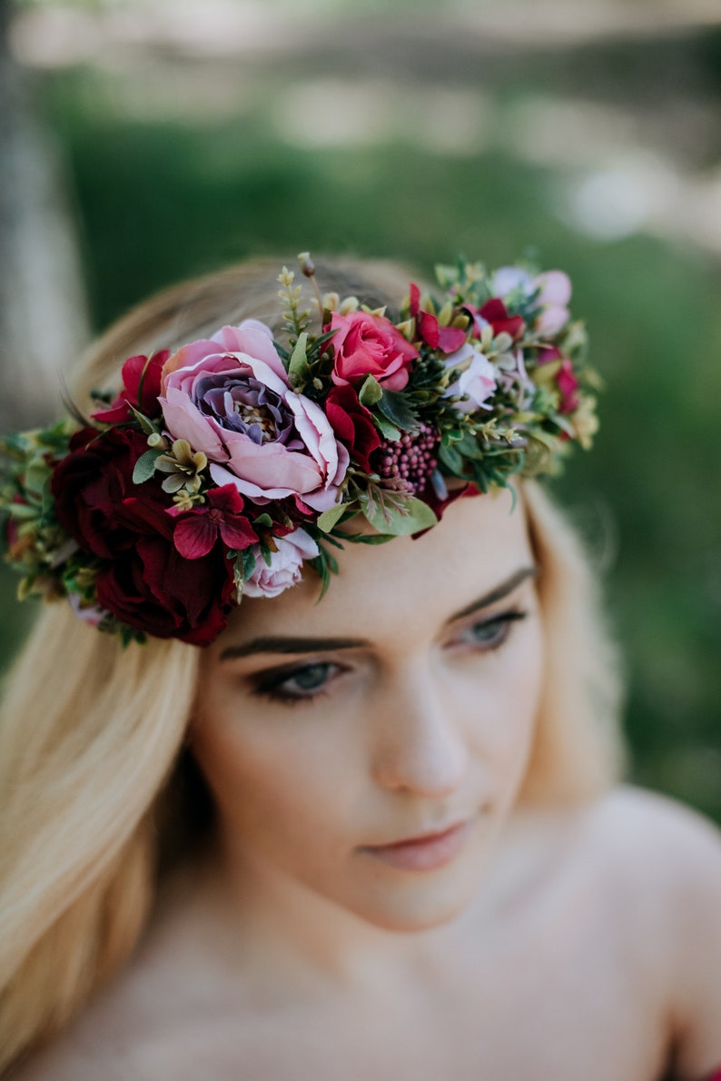 Pink Flower crown,wedding flower crown, boho flower crown, gift for her, bridesmaid gift, fascinator, hair accessories, Fuchsia crown image 4