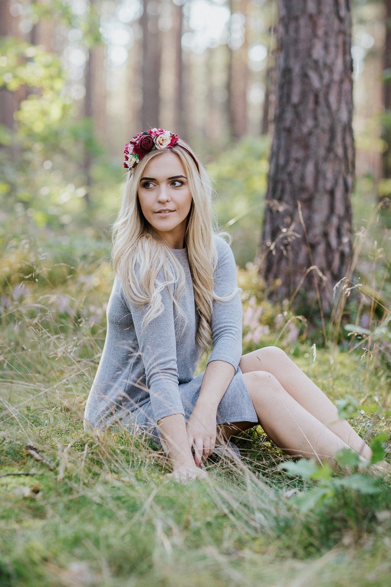 Burgundy flower crown, Ivory headband, Side Flower headband, fall headband, Burgundy wedding, Bridal hairpiece, Deep red headband image 7