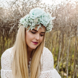 Mint flower crown, Green headband, Bridal floral tiara, Wedding hair wreath, Hair flowers, Bridesmaid crown, Eucalyptus crown image 9