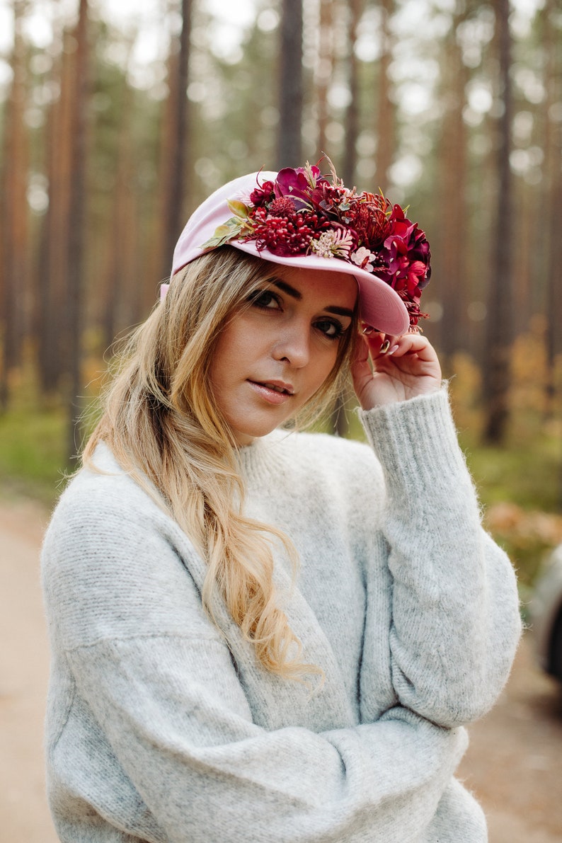 Burgundy flower crown, Baseball hat, Burgundy flowers, Hat with flowers, Pink hat, Snap back hat, Wreath on hat, Party hat, flower crown image 1