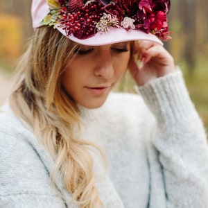 Burgundy flower crown, Baseball hat, Burgundy flowers, Hat with flowers, Pink hat, Snap back hat, Wreath on hat, Party hat, flower crown image 9
