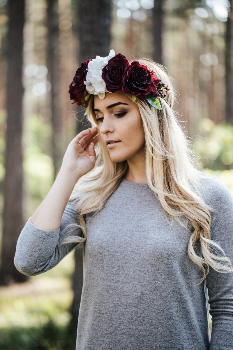 Burgundy Flower Crown, Midsommer Flower Crown, Hair Wreath