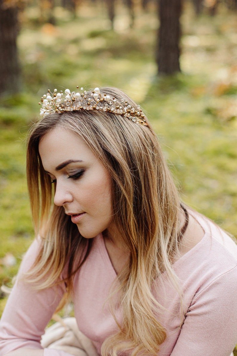 Gold and white Wedding Crystal Crown, Bridal Tiara, Fairy Tail Crown, Gold Tiara, Wedding Crystal Crown, Hair Vine Comb, Pearl tiara image 4