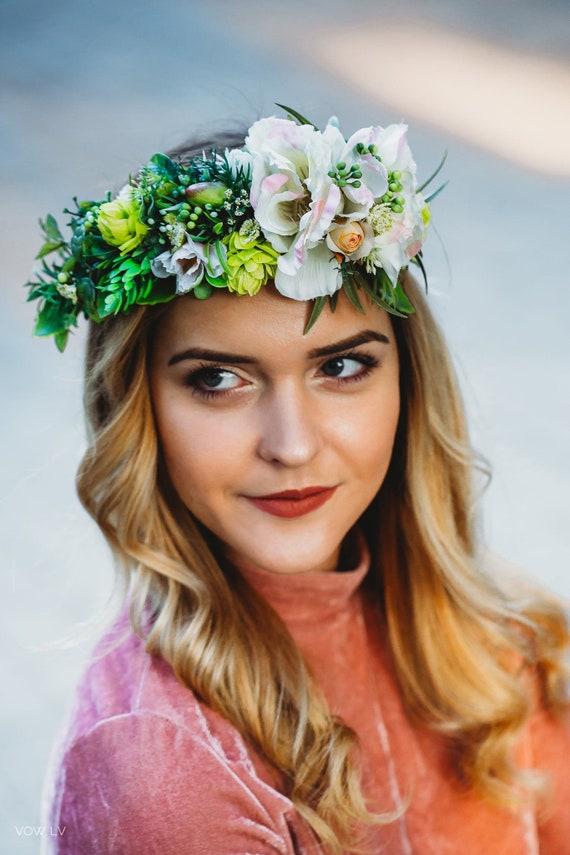 Flower Crown Green Flower Crown Greenery Crown Beach Flower Etsy