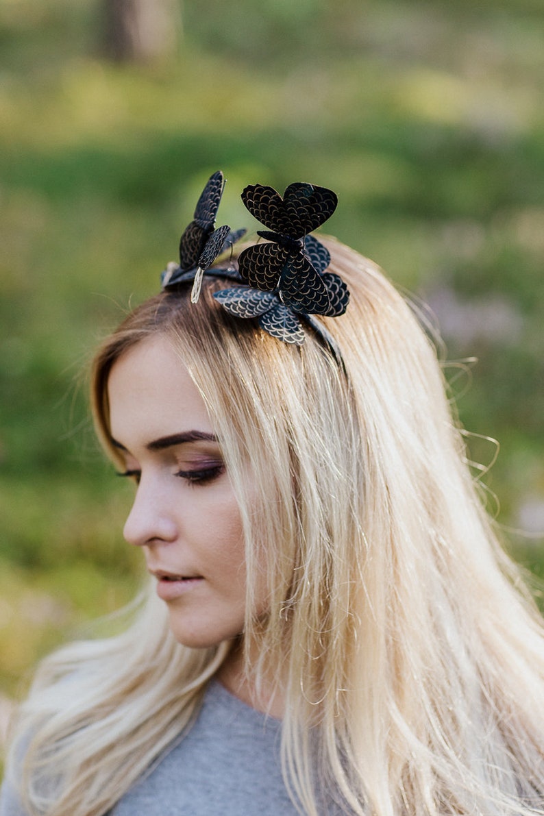 Butterfly headband, Monarch Butterfly headpiece, Bohemian Festival Headpiece, Costume butterfly, Black Fascinator, Baby headband image 4