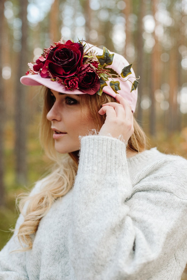 Burgundy flower crown, Baseball hat, Burgundy flowers, Hat with flowers, Pink hat, Snap back hat, Wreath on hat, Party hat, flower crown image 6