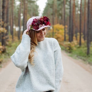 Burgundy flower crown, Baseball hat, Burgundy flowers, Hat with flowers, Pink hat, Snap back hat, Wreath on hat, Party hat, flower crown image 2