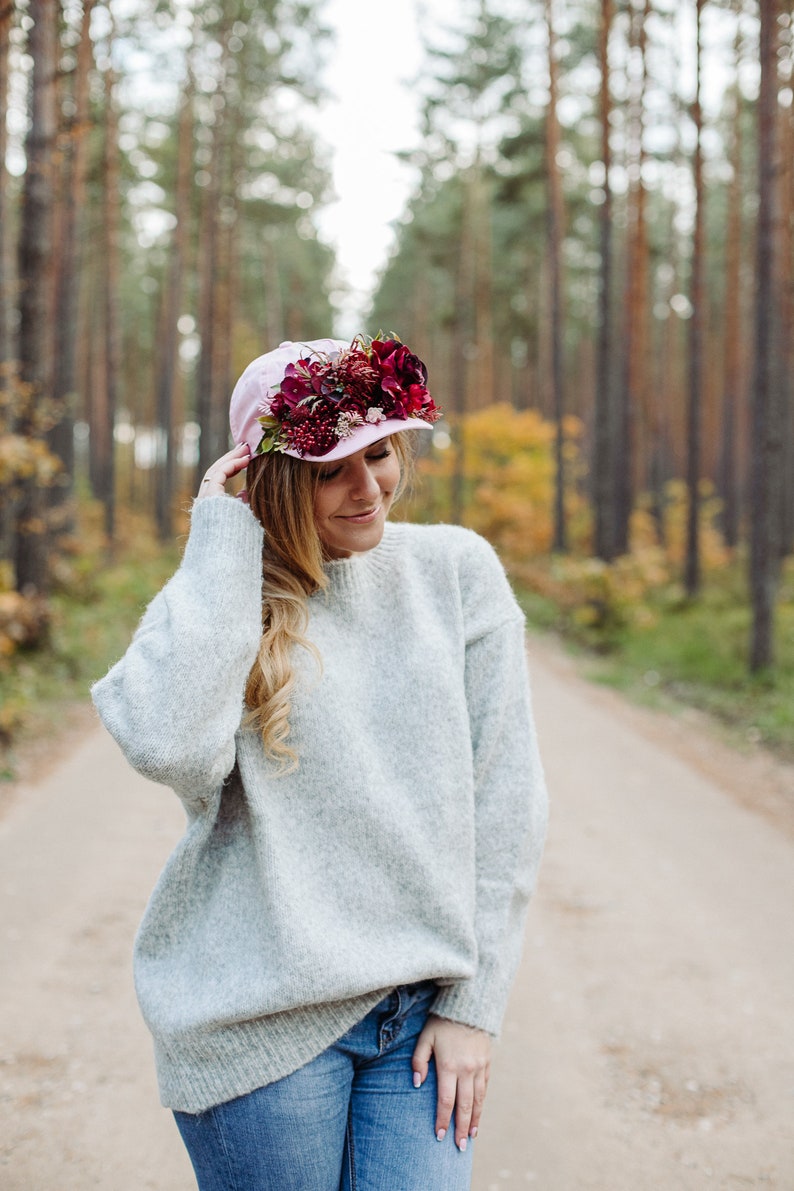 Burgundy flower crown, Baseball hat, Burgundy flowers, Hat with flowers, Pink hat, Snap back hat, Wreath on hat, Party hat, flower crown image 2