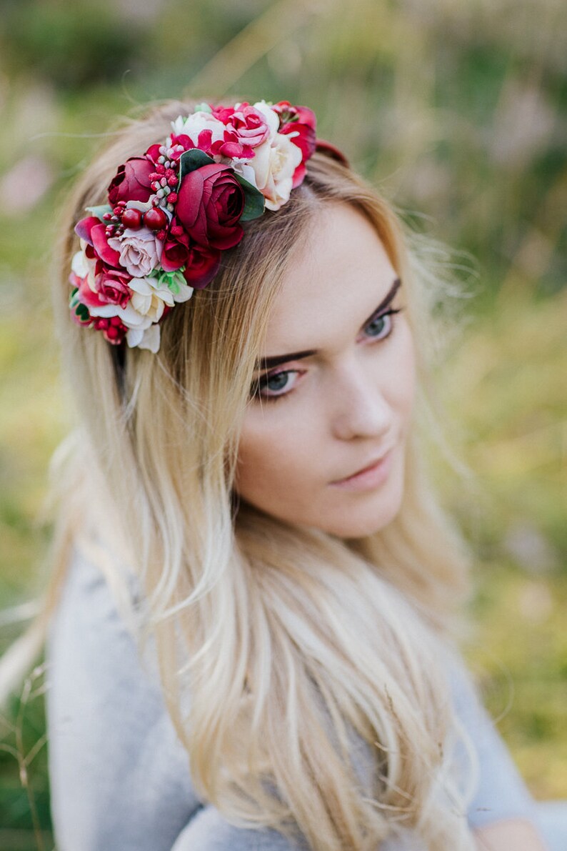 Burgundy flower crown, Ivory headband, Side Flower headband, fall headband, Burgundy wedding, Bridal hairpiece, Deep red headband image 4