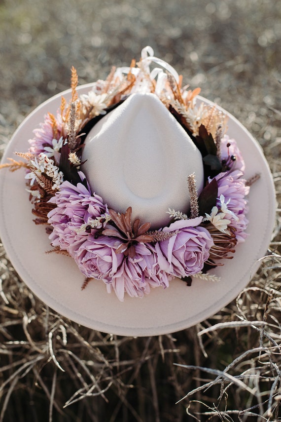 Fedora Hat, Fedora Felt Hat With Purple Flower Crown Wedding  display picture 1