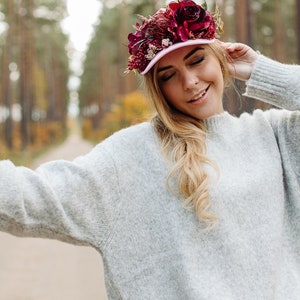 Burgundy flower crown, Baseball hat, Burgundy flowers, Hat with flowers, Pink hat, Snap back hat, Wreath on hat, Party hat, flower crown image 10