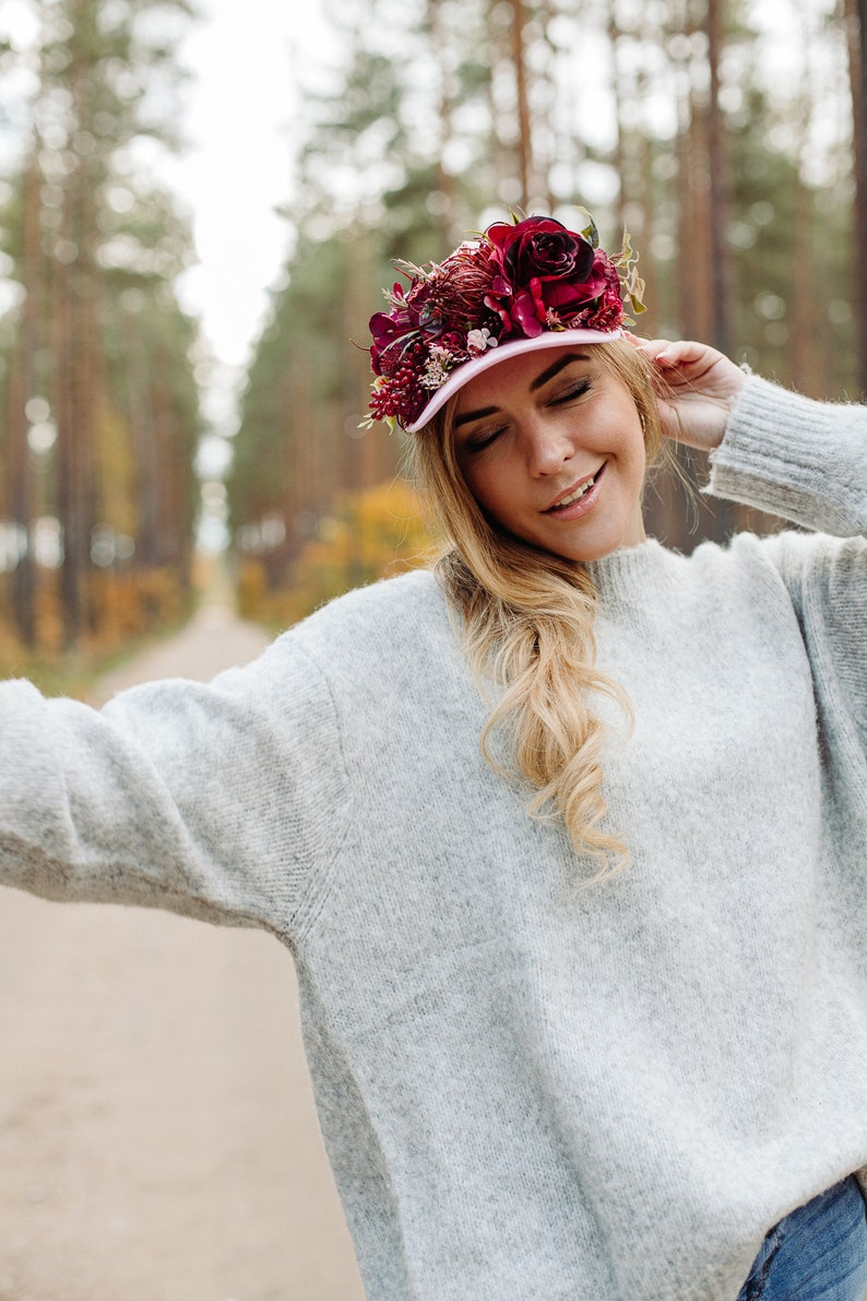 Burgundy flower crown, Baseball hat, Burgundy flowers, Hat with flowers, Pink hat, Snap back hat, Wreath on hat, Party hat, flower crown image 10