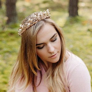 Gold and white Wedding Crystal Crown, Bridal Tiara, Fairy Tail Crown, Gold Tiara, Wedding Crystal Crown, Hair Vine Comb, Pearl tiara image 8