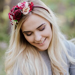 Burgundy flower crown, Ivory headband, Side Flower headband, fall headband, Burgundy wedding, Bridal hairpiece, Deep red headband image 10