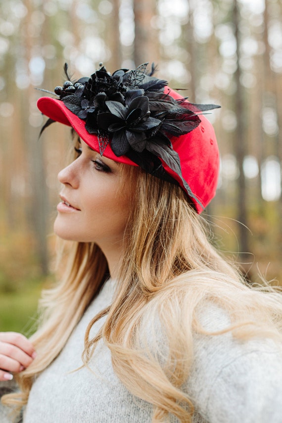 Elegant Black and Red Floral Hat with Crystals Crystal Rhinestone Baseball Cap Floral Bead Fashion Hats  main image 4