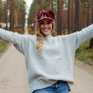 Burgundy flower crown, Baseball hat, Burgundy flowers, Hat with flowers, Pink hat, Snap back hat, Wreath on hat, Party hat, flower crown image 4