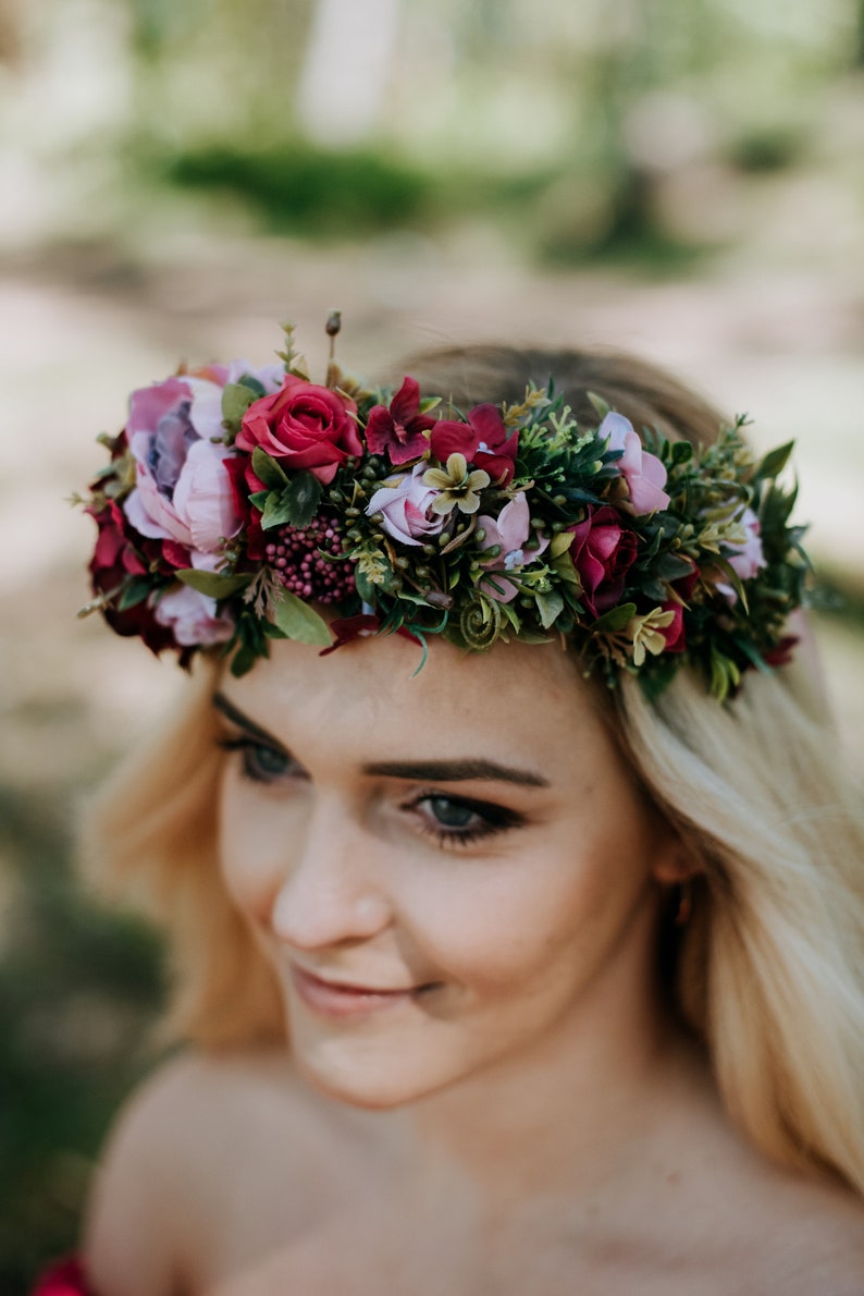 Pink Flower crown,wedding flower crown, boho flower crown, gift for her, bridesmaid gift, fascinator, hair accessories, Fuchsia crown image 1