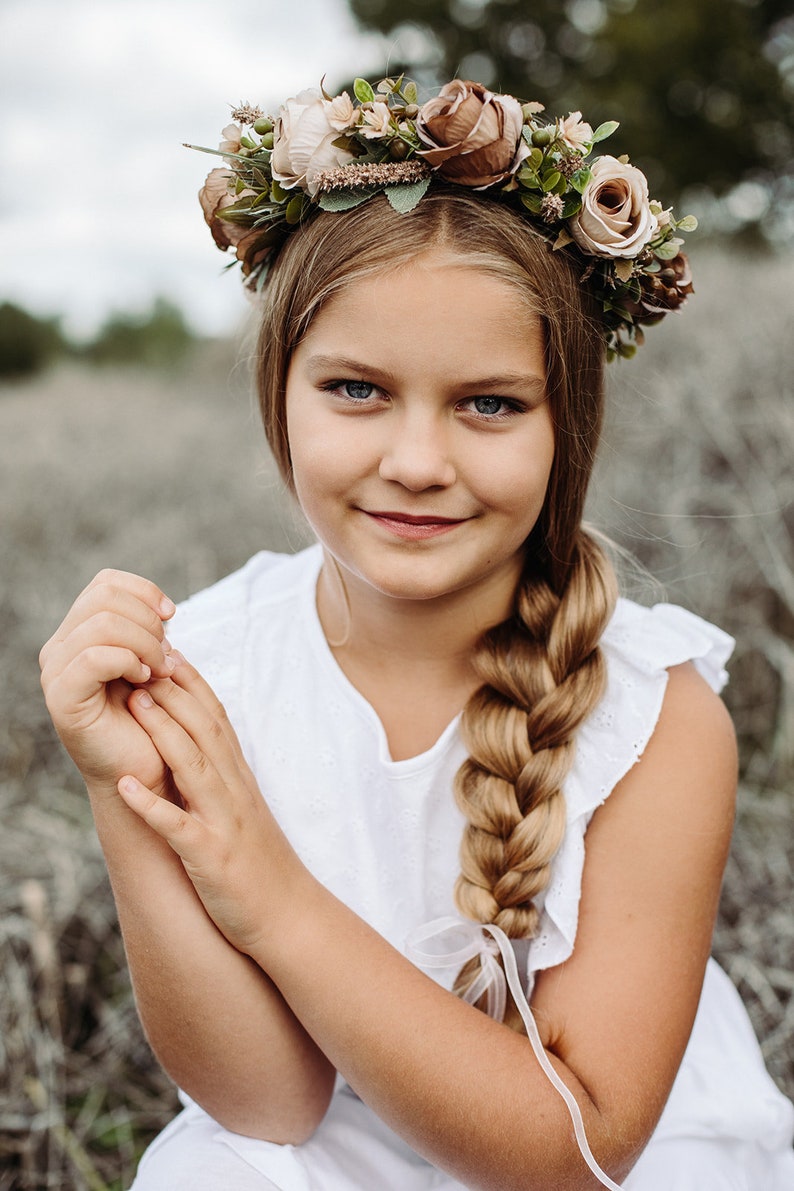 Brown flower crown, rose flower crown, Hair wreath, Girl hairpiece, Girl flower crown, Rustic crown, Boho crown, baby breath crown image 3