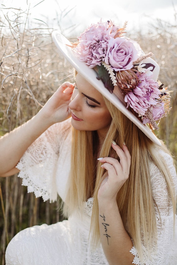 Fedora Hat, Fedora Felt Hat With Purple Flower Crown Wedding  display picture 1