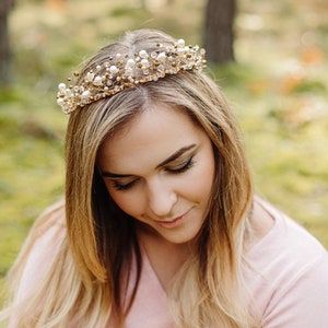 Gold and white Wedding Crystal Crown, Bridal Tiara, Fairy Tail Crown, Gold Tiara, Wedding Crystal Crown, Hair Vine Comb, Pearl tiara image 10