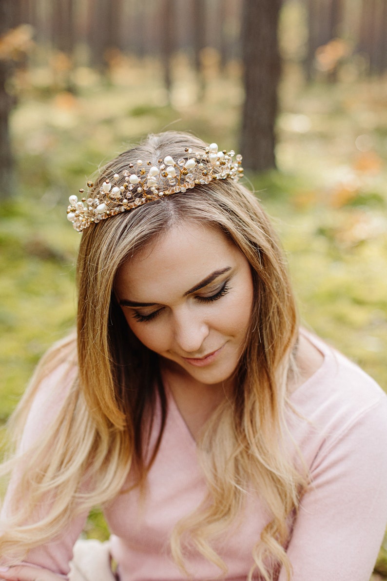 Gold and white Wedding Crystal Crown, Bridal Tiara, Fairy Tail Crown, Gold Tiara, Wedding Crystal Crown, Hair Vine Comb, Pearl tiara image 10