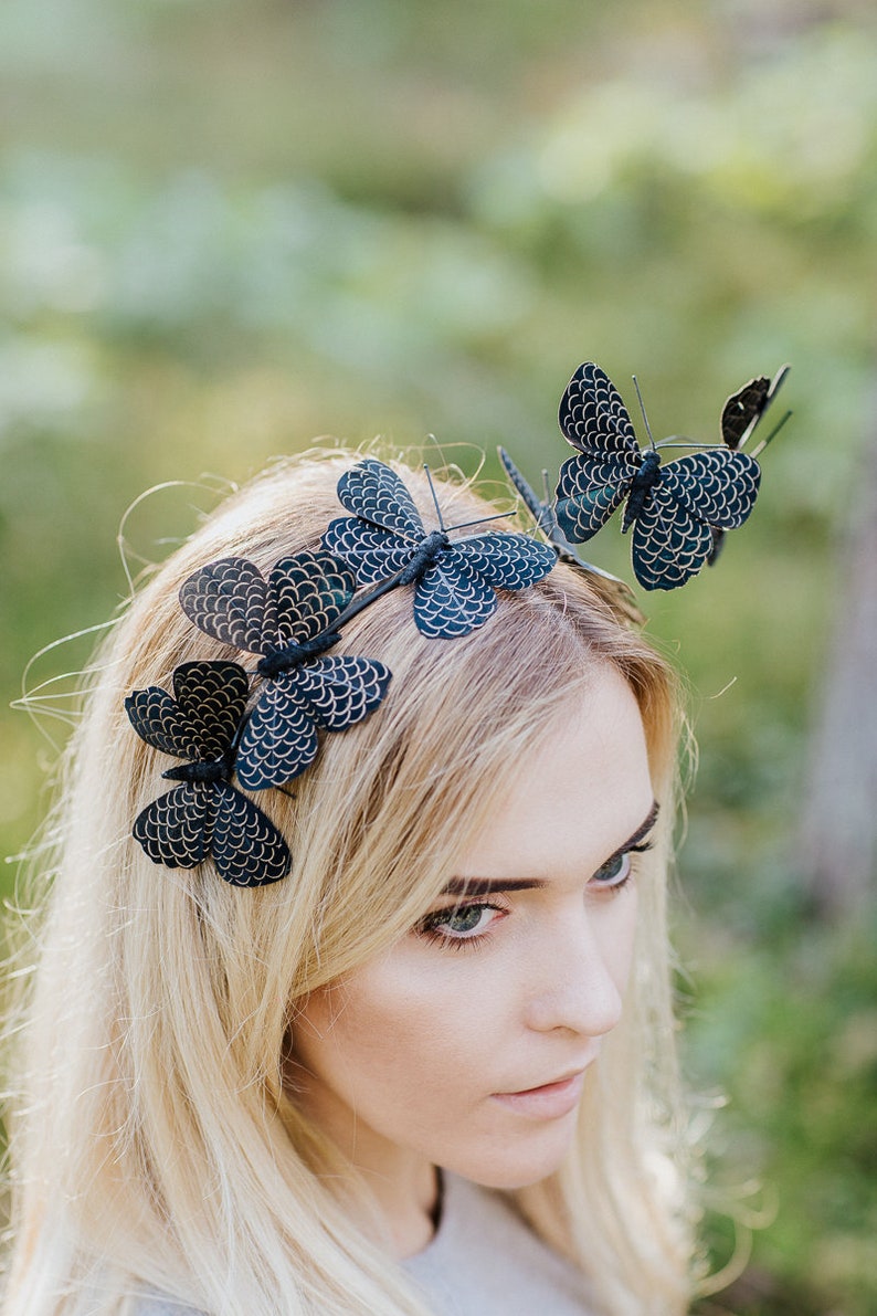 Butterfly headband, Monarch Butterfly headpiece, Bohemian Festival Headpiece, Costume butterfly, Black Fascinator, Baby headband image 5