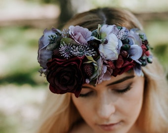 Burgundy Wine Red Flower Crown Deep Wine Red Purple Green Rose Peony Flower Headband Hair Crown Festival Wedding hair wreath Headband