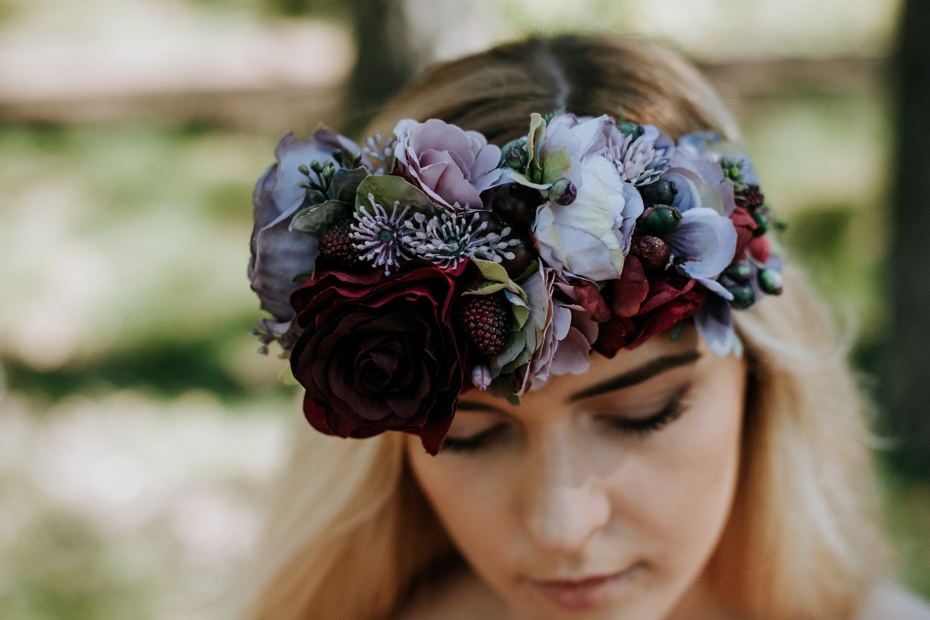 Hand Crafted Deep Red Floral Hair Crown with Greenery Fabric Flower Crown - Red- Custom Made to Order - The Hat Junkie main image 2