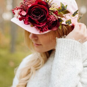 Burgundy flower crown, Baseball hat, Burgundy flowers, Hat with flowers, Pink hat, Snap back hat, Wreath on hat, Party hat, flower crown image 7