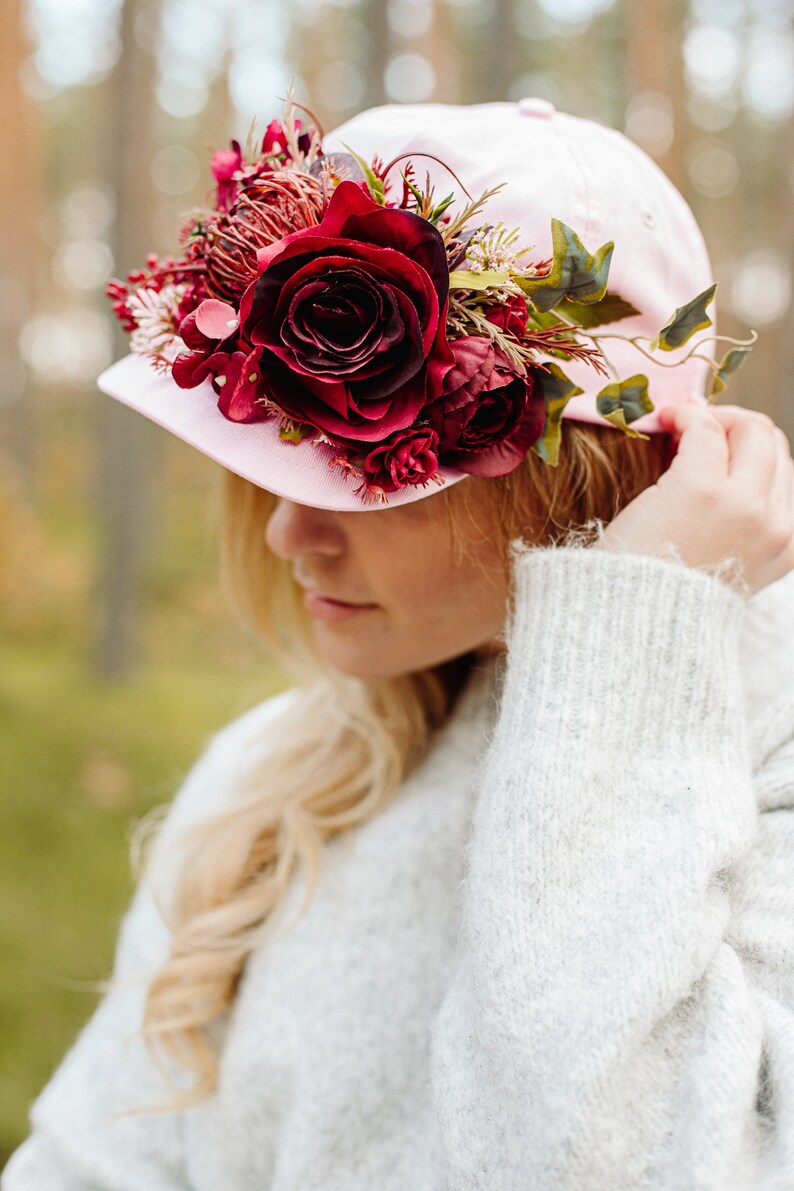 Burgundy flower crown, Baseball hat, Burgundy flowers, Hat with flowers, Pink hat, Snap back hat, Wreath on hat, Party hat, flower crown image 7