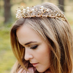 Gold and white Wedding Crystal Crown, Bridal Tiara, Fairy Tail Crown, Gold Tiara, Wedding Crystal Crown, Hair Vine Comb, Pearl tiara image 7