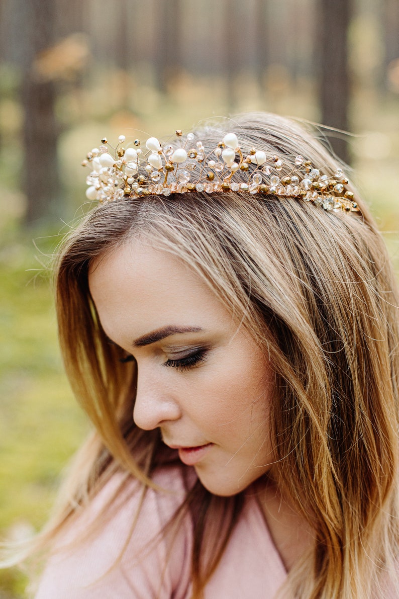 Gold and white Wedding Crystal Crown, Bridal Tiara, Fairy Tail Crown, Gold Tiara, Wedding Crystal Crown, Hair Vine Comb, Pearl tiara image 7