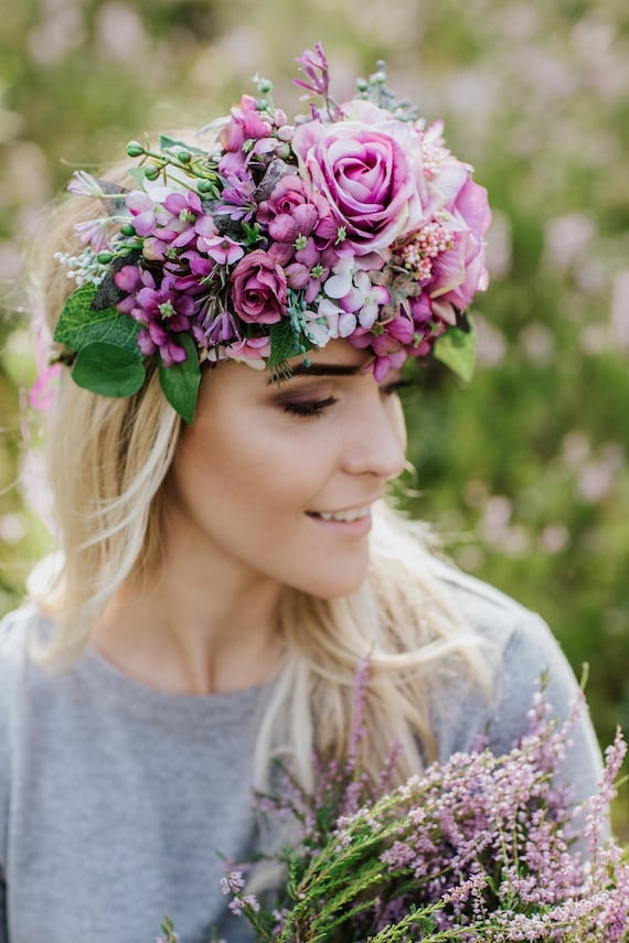 Midsommar Flower Crown Purple Rose Headpiece Braided Headband