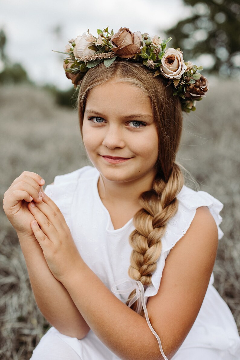 Brown flower crown, rose flower crown, Hair wreath, Girl hairpiece, Girl flower crown, Rustic crown, Boho crown, baby breath crown image 5