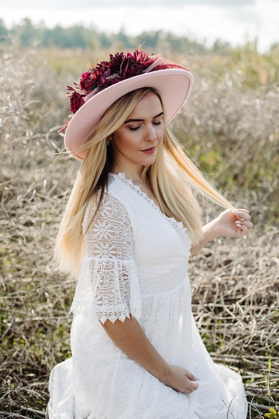 Pink Fedora Hat, Felt Fedora Hat With Burgundy Flower Crown  display picture 2
