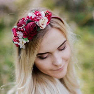 Burgundy flower crown, Ivory headband, Side Flower headband, fall headband, Burgundy wedding, Bridal hairpiece, Deep red headband image 8