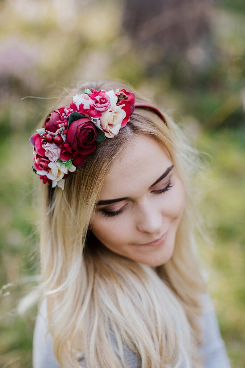 Burgundy flower crown, Ivory headband, Side Flower headband, fall headband, Burgundy wedding, Bridal hairpiece, Deep red headband image 8