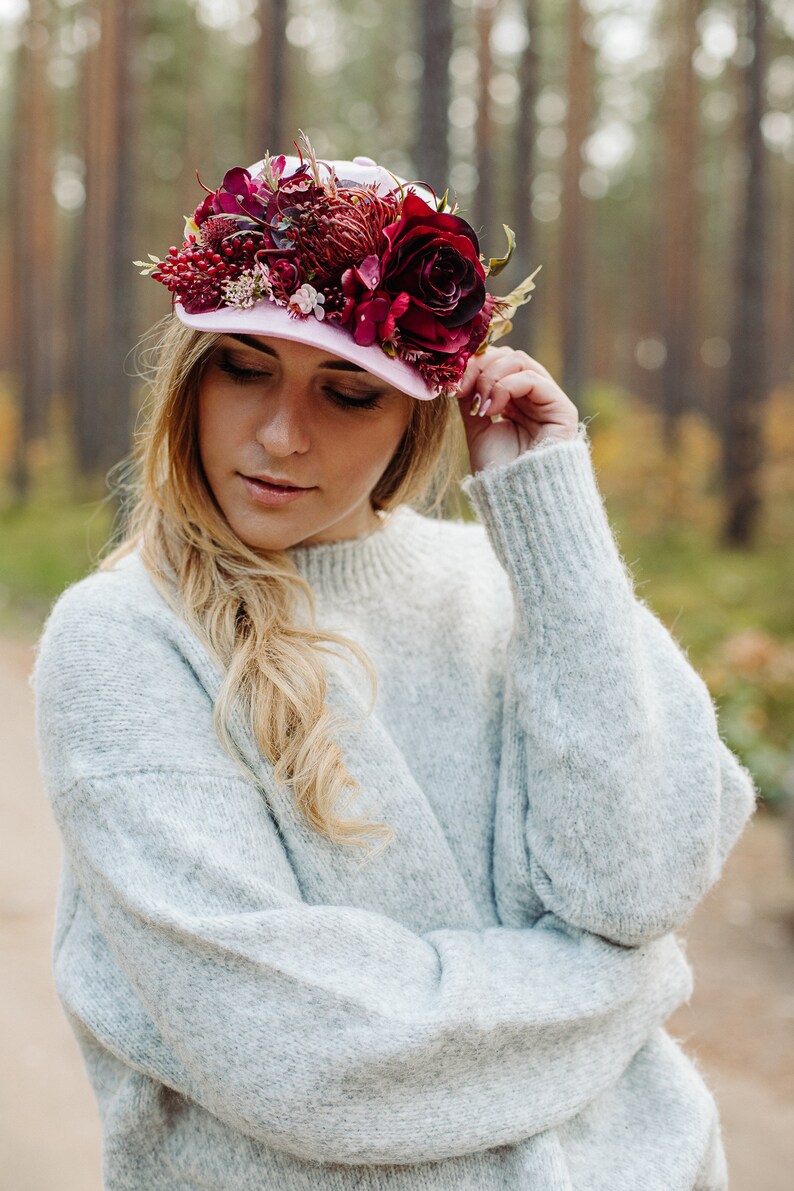 Burgundy flower crown, Baseball hat, Burgundy flowers, Hat with flowers, Pink hat, Snap back hat, Wreath on hat, Party hat, flower crown image 8