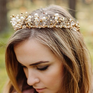 Gold and white Wedding Crystal Crown, Bridal Tiara, Fairy Tail Crown, Gold Tiara, Wedding Crystal Crown, Hair Vine Comb, Pearl tiara image 6