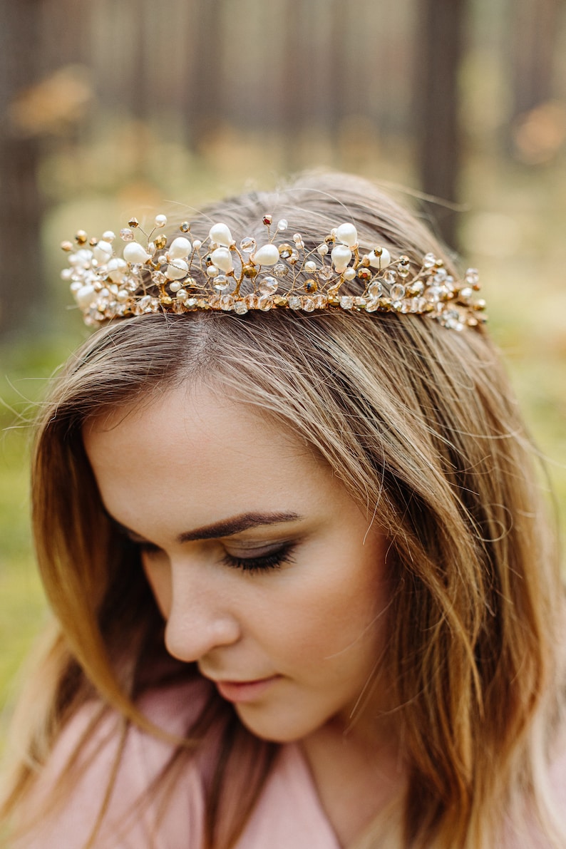 Gold and white Wedding Crystal Crown, Bridal Tiara, Fairy Tail Crown, Gold Tiara, Wedding Crystal Crown, Hair Vine Comb, Pearl tiara image 6