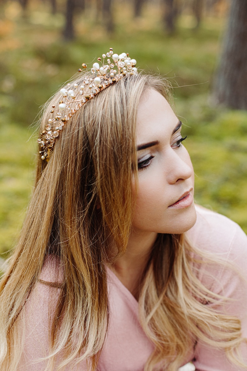 Gold and white Wedding Crystal Crown, Bridal Tiara, Fairy Tail Crown, Gold Tiara, Wedding Crystal Crown, Hair Vine Comb, Pearl tiara image 2